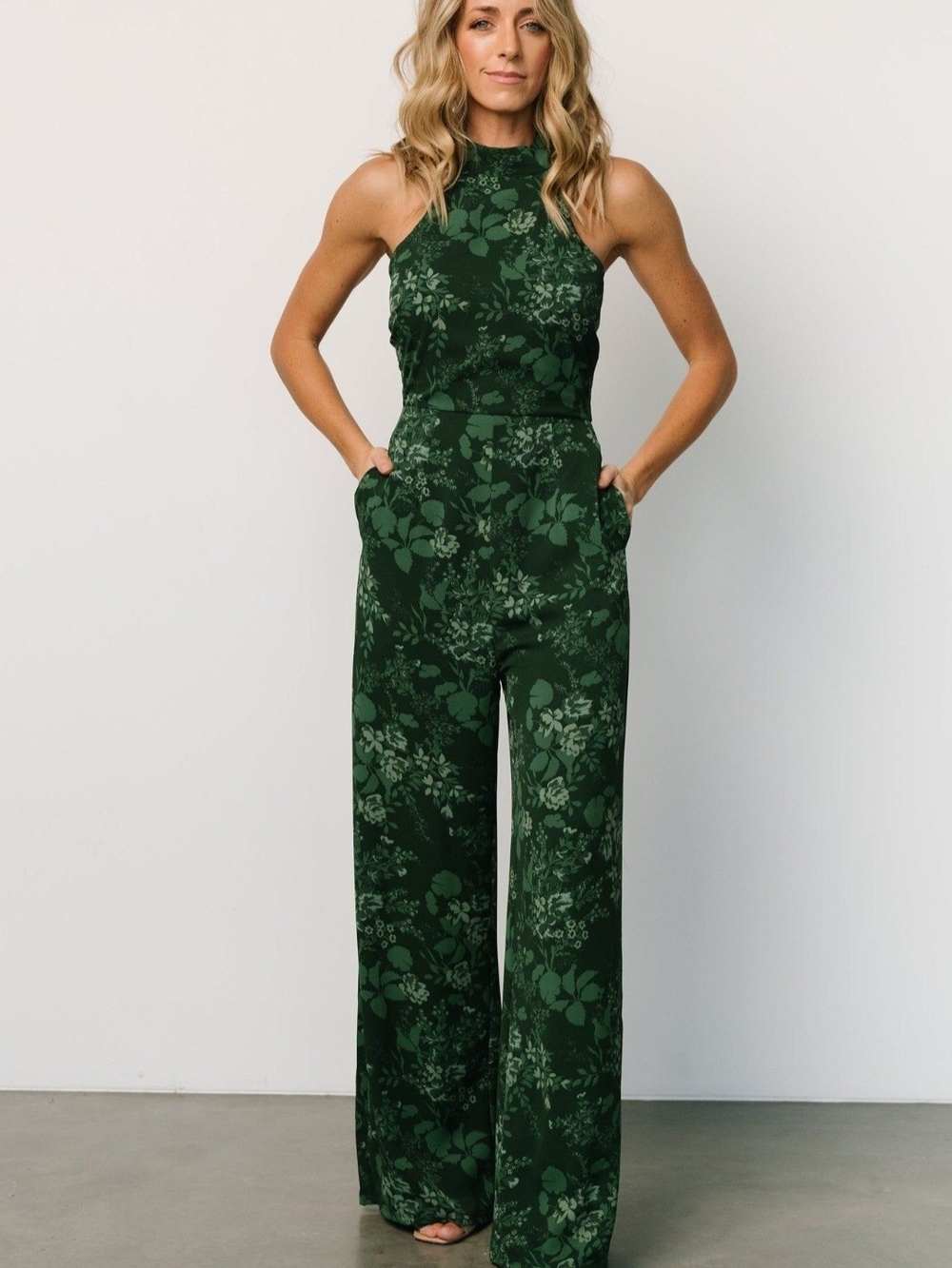 Baltic Born Dark Green Floral High-Neck Wide-Leg Jumpsuit